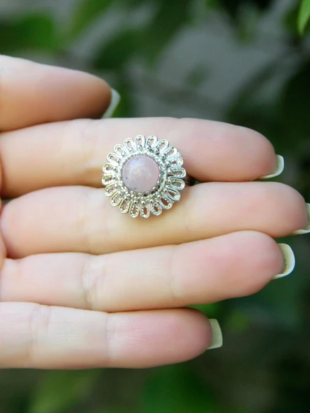 Doğal Taş Pembe Kuvars Doğal Taşlı Telkari Model Kadın Ayarlanabilir Gümüş Kaplama Yüzük euy63pkr - Resim 3