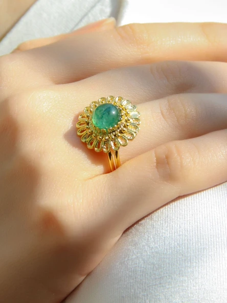 Doğal Taş Yeşil Akik Doğal Taşlı Telkari Model Kadın Ayarlanabilir Altın Kaplama Yüzük euy63yag ürün görseli