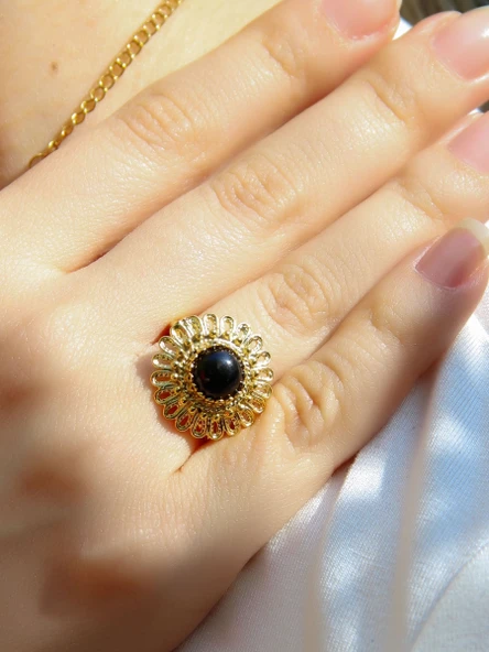 Doğal Taş Oniks Doğal Taşlı Telkari Model Kadın Ayarlanabilir Altın Kaplama Yüzük euy63og ürün görseli