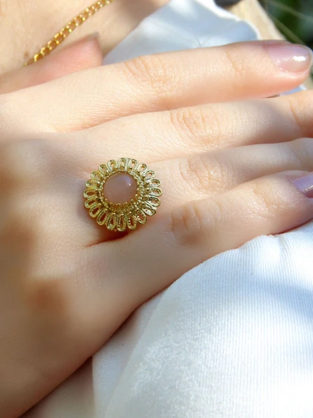 Doğal Taş Pembe Kuvars Doğal Taşlı Telkari Model Kadın Ayarlanabilir Altın Kaplama Yüzük euy63pkg ürün görseli