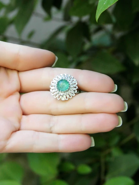 Doğal Taş Yeşil Akik Doğal Taşlı Telkari Model Kadın Ayarlanabilir Gümüş Kaplama Yüzük euy63yar - Resim 3