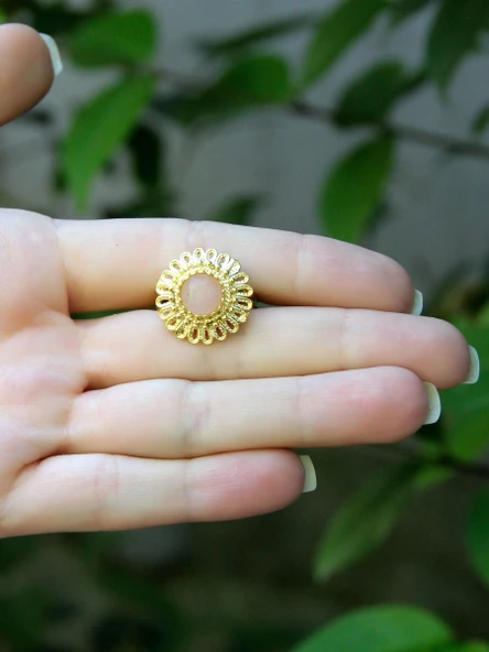 Doğal Taş Pembe Kuvars Doğal Taşlı Telkari Model Kadın Ayarlanabilir Altın Kaplama Yüzük euy63pkg - Resim 3