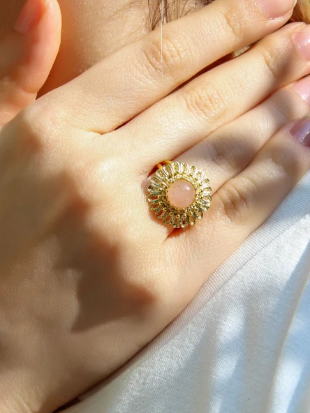 Doğal Taş Pembe Kuvars Doğal Taşlı Telkari Model Kadın Ayarlanabilir Altın Kaplama Yüzük euy63pkg - Resim 2