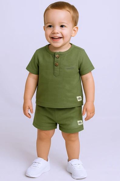 ERKEK BEBEK ŞORTLU TAKIM BİSİKLET YAKA DÜĞMELİ DÜZ RENK A79 - 10