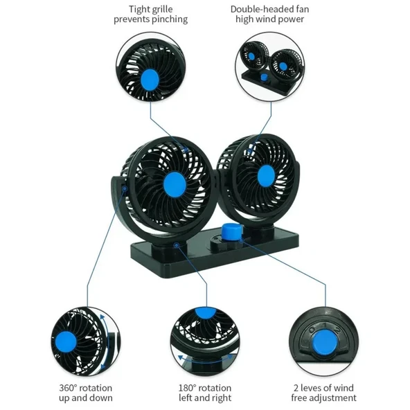 Araç İçi Vantilatör 360° Dönebilen Torpido Üstü Çift Başlıklı Vantilatör 12v Uyumlu Soğutucu Fan - 4