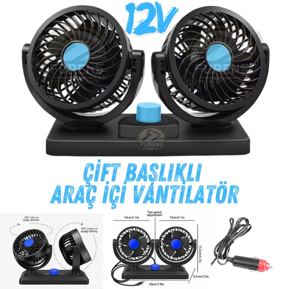 Araç İçi Vantilatör 360° Dönebilen Torpido Üstü Çift Başlıklı Vantilatör 12v Uyumlu Soğutucu Fan