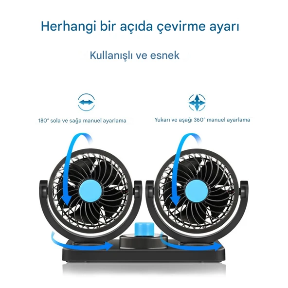 Araç İçi Vantilatör 360° Dönebilen Torpido Üstü Çift Başlıklı Vantilatör 12v Uyumlu Soğutucu Fan - 6