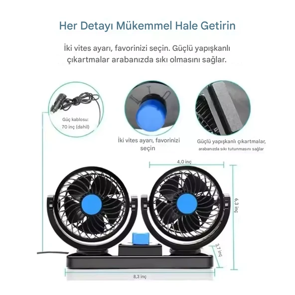 Araç İçi Vantilatör 360° Dönebilen Torpido Üstü Çift Başlıklı Vantilatör 12v Uyumlu Soğutucu Fan - 5