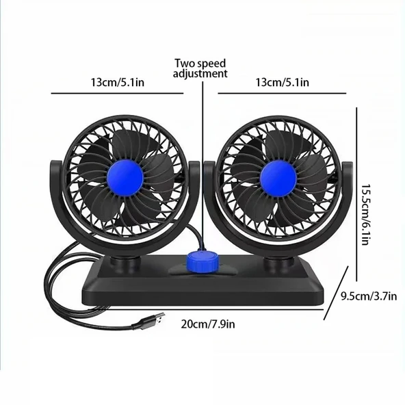 Araç İçi Vantilatör 360° Dönebilen Torpido Üstü Çift Başlıklı Vantilatör 12v Uyumlu Soğutucu Fan - 2