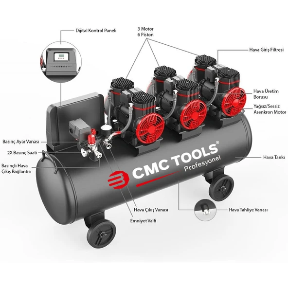 CMC CMC-0914 100 Litre Sessiz Yağsız Hava Kompresörü 6 Hp - 4