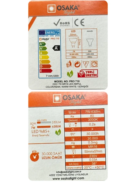 (6 Adet) Osaka 7W (50W) Sarı Işık (3000K) G4 Duylu (İğne Bacak) Led Çanak Ampul - 4