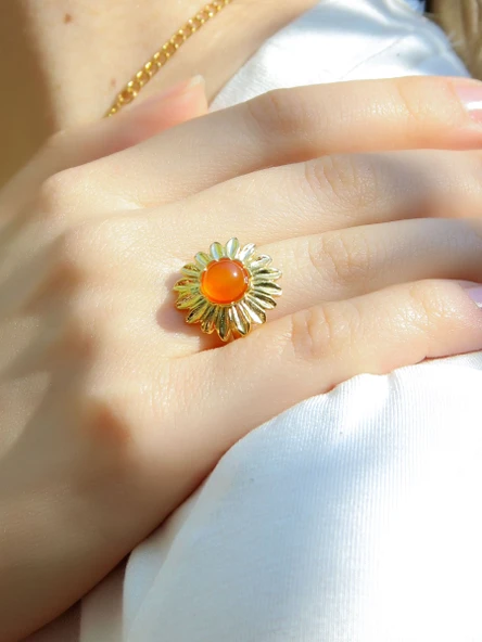 Doğal Taş Akik Doğal Taşlı Papatya Modelli Kadın Ayarlanabilir Altın Kaplama Yüzük euy64ag - Resim 2
