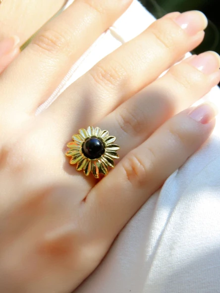 Doğal Taş Oniks Doğal Taşlı Papatya Modelli Kadın Ayarlanabilir Altın Kaplama Yüzük euy64og ürün görseli