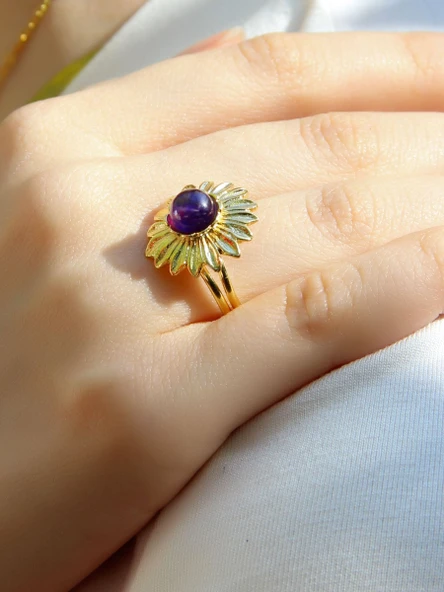 Doğal Taş Ametist Doğal Taşlı Papatya Modelli Kadın Ayarlanabilir Altın Kaplama Yüzük euy64amtg - Resim 2