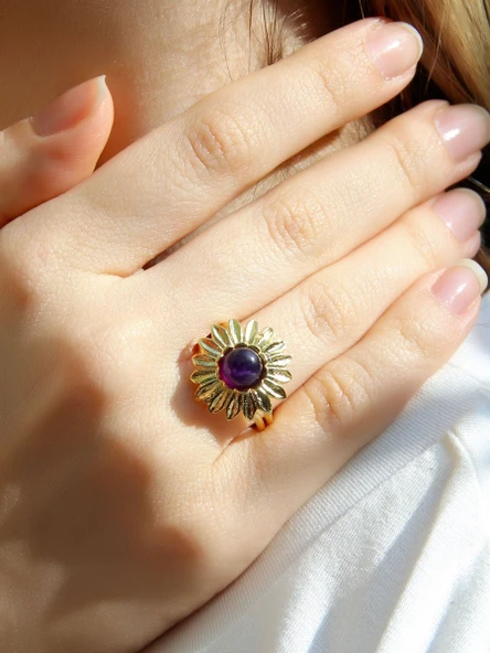 Doğal Taş Ametist Doğal Taşlı Papatya Modelli Kadın Ayarlanabilir Altın Kaplama Yüzük euy64amtg ürün görseli