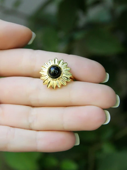 Doğal Taş Oniks Doğal Taşlı Papatya Modelli Kadın Ayarlanabilir Altın Kaplama Yüzük euy64og - Resim 3