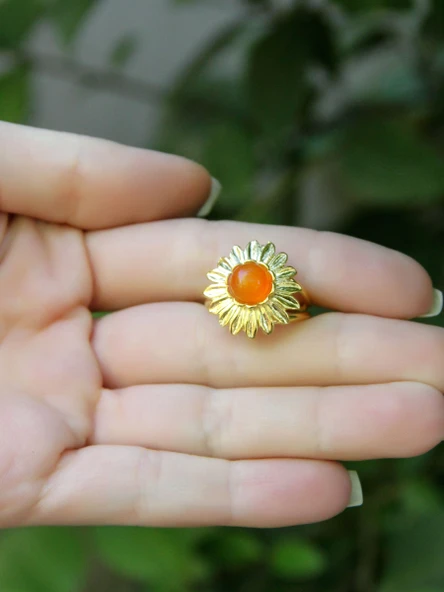 Doğal Taş Akik Doğal Taşlı Papatya Modelli Kadın Ayarlanabilir Altın Kaplama Yüzük euy64ag - Resim 3