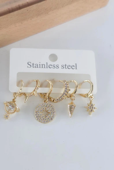 Kadın Vip Seri Antialerjik Zirkon Taşlı 6'lı Küpe ürün görseli