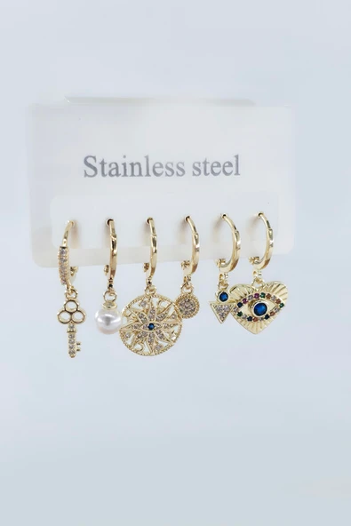 Kadın Vip Seri Antialerjik Zirkon Taşlı 6'lı Küpe - Resim 2