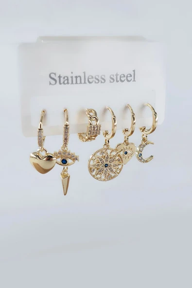 Kadın Vip Seri Antialerjik Zirkon Taşlı 6'lı Küpe - Resim 2