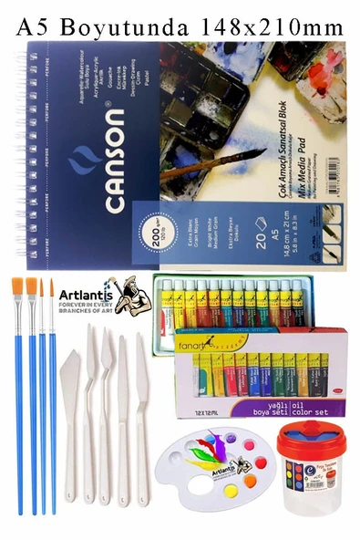 Canson Çok Amaçlı Sanatsal Blok A5 200 gr 20 Yaprak 1 Adet Fanart 12 Renk Yağlı Boya Fırça Palet Spatula Fırça Temizleme