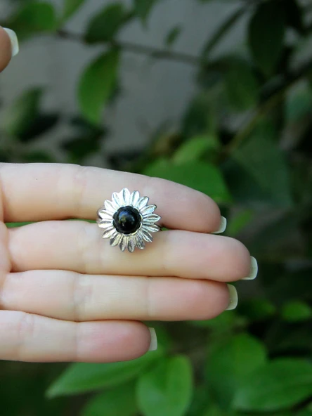 Doğal Taş Oniks Doğal Taşlı Papatya Modelli Kadın Ayarlanabilir Gümüş Kaplama Yüzük euy64or - Resim 3