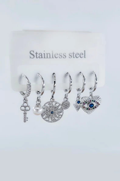 Kadın Vip Seri Antialerjik Zirkon Taşlı 6'lı Küpe - Resim 2