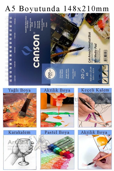 Canson Çok Amaçlı Sanatsal Blok A5 200 gr 20 Yaprak 1 Adet Fanart 12 Renk Yağlı Boya Fırça Palet Spatula Fırça Temizleme - 4