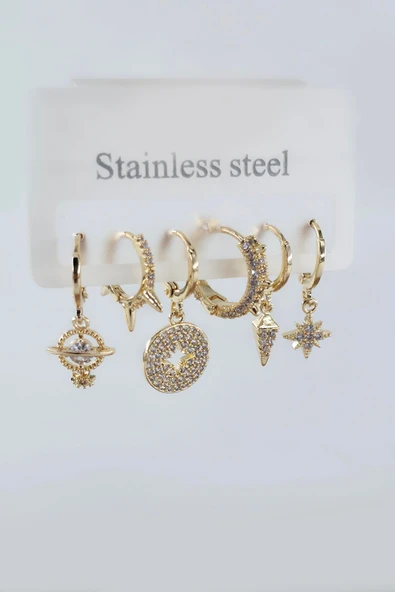 Kadın Vip Seri Antialerjik Zirkon Taşlı 6'lı Küpe - Resim 2