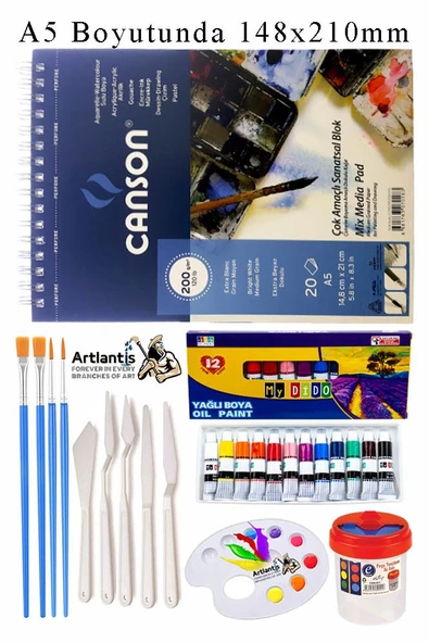 Canson Çok Amaçlı Sanatsal Blok A5 200 gr 20 Yaprak 1 Adet Mydido 12 Renk Yağlı Boya Fırça Palet Spatula Fırça Temizleme