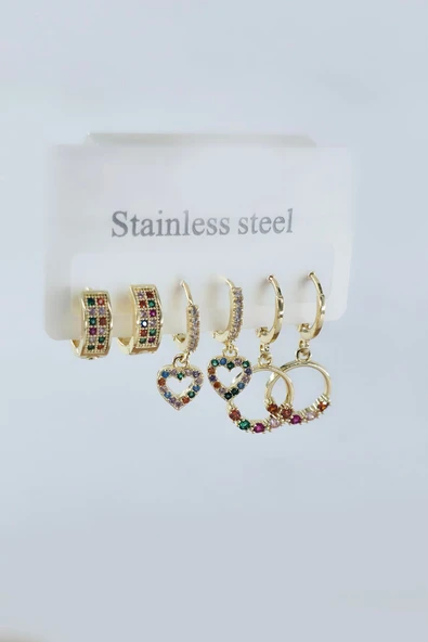 Kadın Vip Seri Antialerjik Zirkon Taşlı 6'lı Küpe - Resim 2