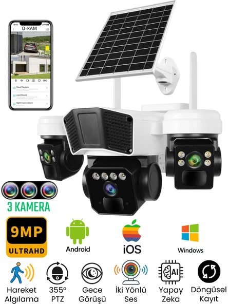3936ProX 3 Kameralı 9MP Güneş Panelli Akıllı Güvenlik Kamerası  Okam Pro Gece Görüşlü Solar Kamera