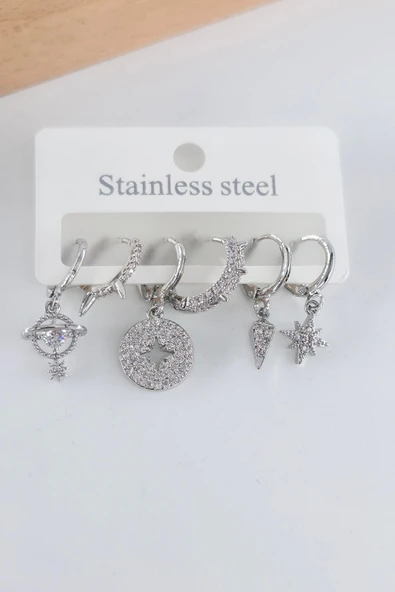 Kadın Vip Seri Antialerjik Zirkon Taşlı 6'lı Küpe ürün görseli