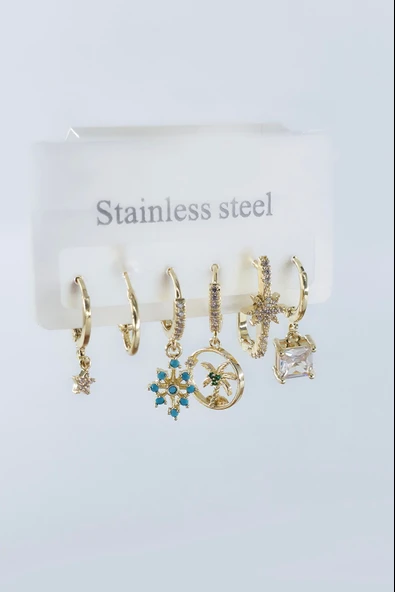 Kadın Vip Seri Antialerjik Zirkon Taşlı 6'lı Küpe - Resim 2