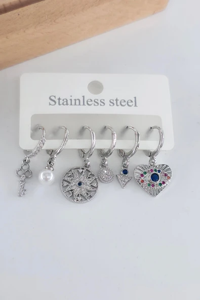 Kadın Vip Seri Antialerjik Zirkon Taşlı 6'lı Küpe ürün görseli