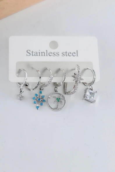 Kadın Vip Seri Antialerjik Zirkon Taşlı 6'lı Küpe ürün görseli