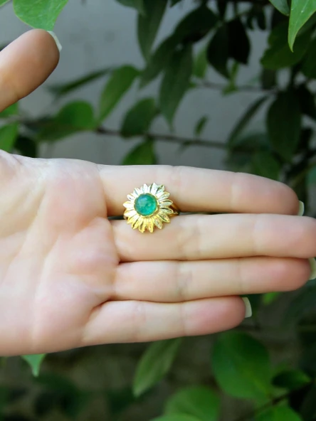 Doğal Taş Yeşil Akik Doğal Taşlı Papatya Modelli Kadın Ayarlanabilir Altın Kaplama Yüzük euy64yag - Resim 3