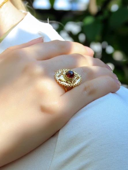 Doğal Taş Garnet (Lal) Doğal Taşlı Telkari Modelli Kadın Ayarlanabilir Altın Kaplama Yüzük euy65gg - Resim 2