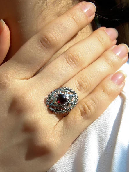 Doğal Taş Garnet (Lal) Doğal Taşlı Telkari Modelli Kadın Ayarlanabilir Gümüş Kaplama Yüzük euy65gr ürün görseli