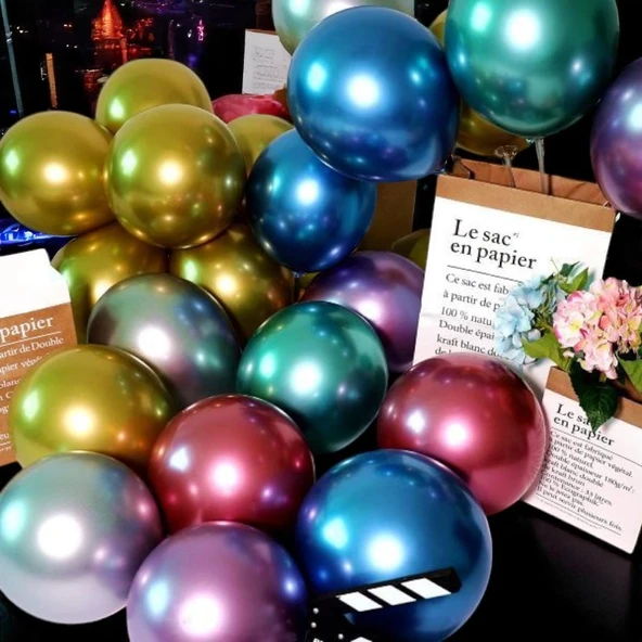 ULTRA YÜKSEK KALİTE 50 ADET RENKLİ KROM BALON AYNALI BALON PARLAK METALİK BALON KROM RENKLİ BALON - 3