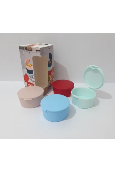 Renkli Çiçekler 4 Lü Plastik Kapaklı Saklama Kabı Ev Okul Ofis Piknik İçin