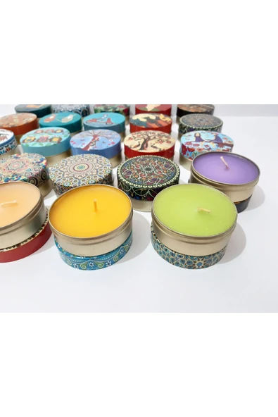 Renkli Çiçekler Bir Adet Yuvarlak Teneke Kutulu Renkli Kokulu Mum 7.5x3.5 CM - 4