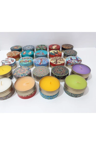 Renkli Çiçekler Bir Adet Yuvarlak Teneke Kutulu Renkli Kokulu Mum 7.5x3.5 CM - 2