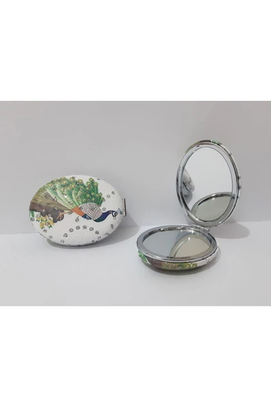 Renkli Çiçekler Desenli Oval Metal Çanta Ayna Kadın Çanta Aynası