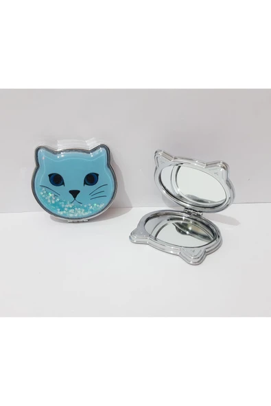 Renkli Çiçekler Metal Ayna Kedi Figürlü Metal Cep Aynası Sulu Ayna 8x7x1 CM