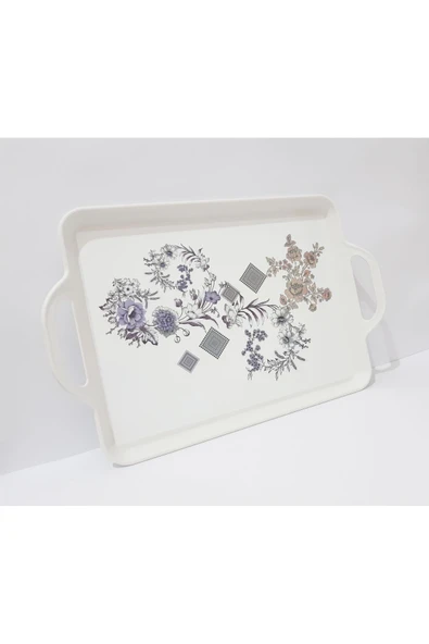 Renkli Çiçekler Çay Tepsi 39.5x25.5 CM Desenli Plastik Çay Kahve Tepsisi Sunum Tepsi