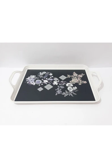 Renkli Çiçekler Çay Tepsi 39.5x25.5 CM Desenli Plastik Çay Kahve Tepsisi Sunum Tepsi - 3