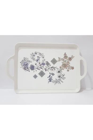 Renkli Çiçekler Çay Tepsi 39.5x25.5 CM Desenli Plastik Çay Kahve Tepsisi Sunum Tepsi - 2