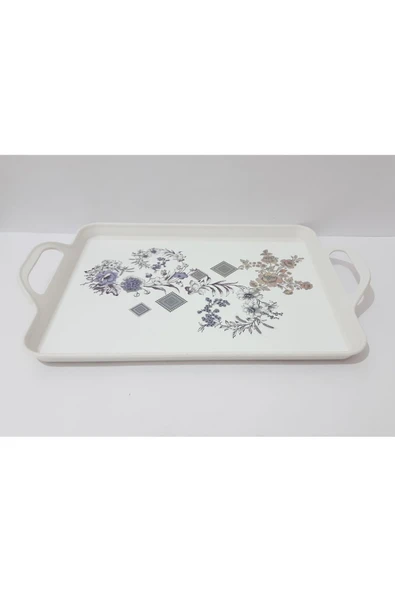 Renkli Çiçekler Çay Tepsi 39.5x25.5 CM Desenli Plastik Çay Kahve Tepsisi Sunum Tepsi - 3