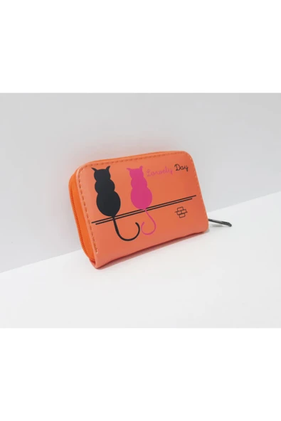 Renkli Çiçekler Kadın Cüzdan  12.5x8.5 CM Turuncu Renk Kedi Desenli Kadın Cüzdanı - 7